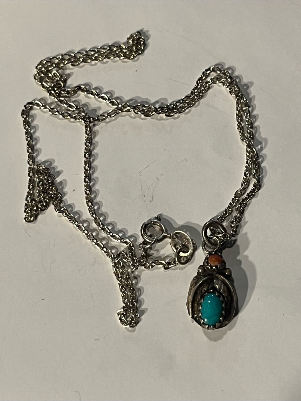 Sterling Silver Turquoise and coral Pendant on an 18” chain. 925 southwestern
